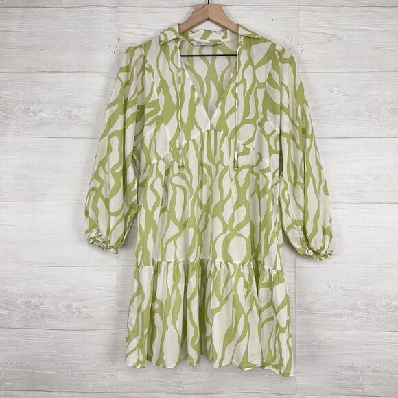 Zara Printed Babydoll Dress S Green Balloon Sleeves Tiered Mini V Neck Tie Fall - Picture 14 of 15